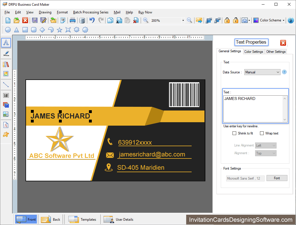 Business Cards Designing Text Properties