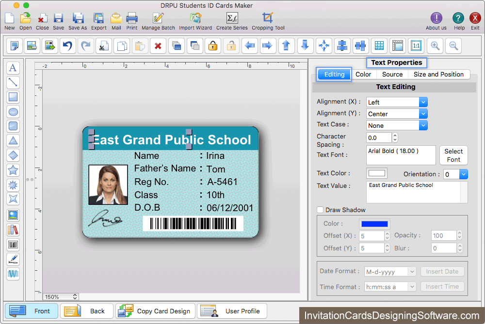 Students ID Cards Maker for Mac Text Properties