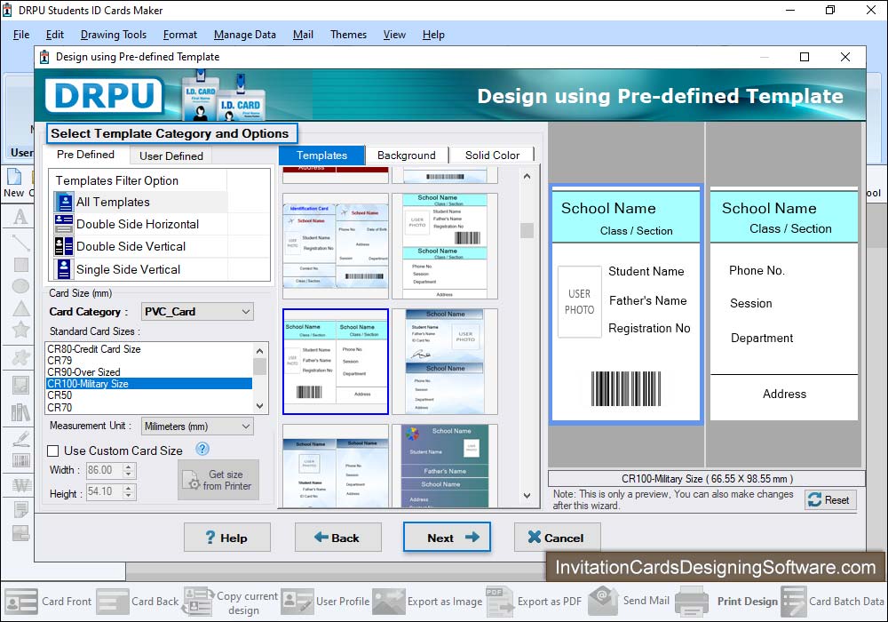 Student ID Card Select Template Category